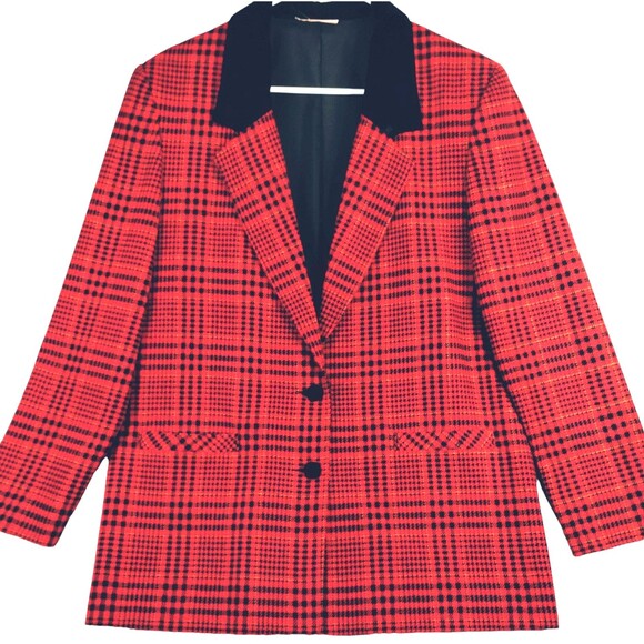 VTG Boxy Cut Blazer Size 12 Celtic Plaid 2 Button Velvet Collar Preppy Old Money - Picture 1 of 10